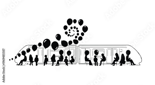 People silhouettes with balloons on a train platform, creating a swirling pattern