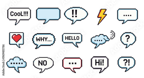 Collection of pixel art speech and thought bubbles with various expressions, symbols, and short words like cool, hello, and why.