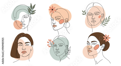 Set of minimalist line art portraits depicting various women faces combined with soft pastel shapes and botanical leaf elements for decor.