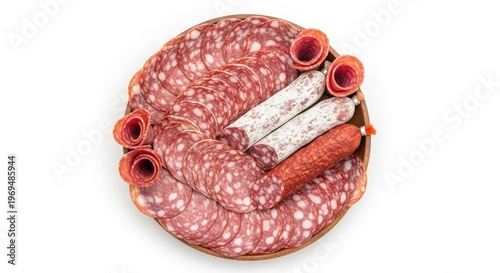 Assorted cured meats platter with salami and sliced charcuterie on a plate