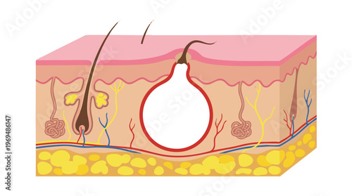 Cross-section of skin showing a pore with a hair follicle and sebaceous gland, illustrating acne formation