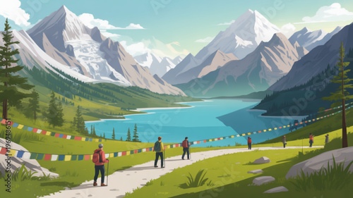People hiking on a path with prayer flags in a serene mountain landscape with a lake
