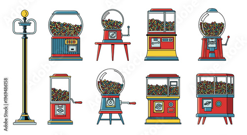 Collection of vintage and modern gumball vending machines in different colors and shapes, including one mounted on a tall street lamp post.