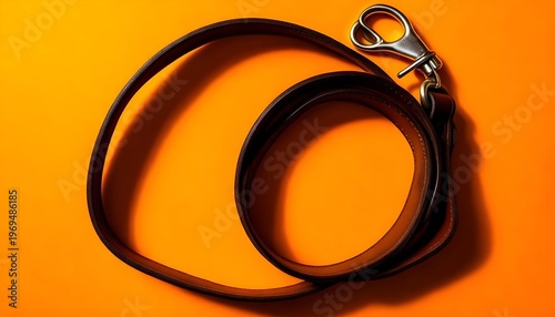Elegant dark leather dog leash with metal clasp on a vibrant orange background