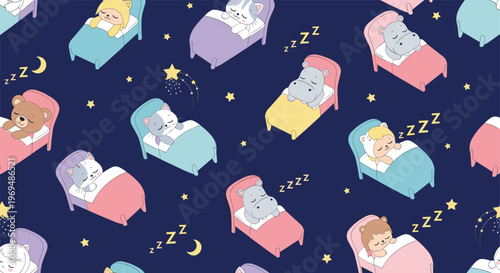 Cute seamless pattern of various baby animals like bears, cats, and hippos sleeping in small beds under a starry night sky with Zzz text.