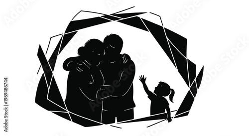 Loving parents embrace while child reaches out, protected within a stylized frame