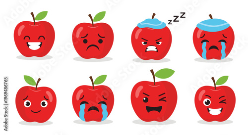 Set of red apple characters displaying various emotional expressions such as happy, sad, angry, crying, and winking for digital messaging.