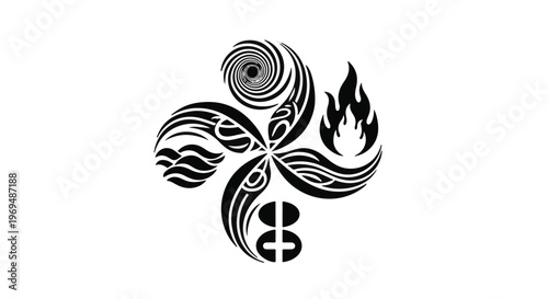 Abstract swirling design representing the four classical elements: earth, air, fire, and water.