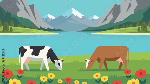 Lake Side Afternoon Beneath Watchful Peaks Flat Design