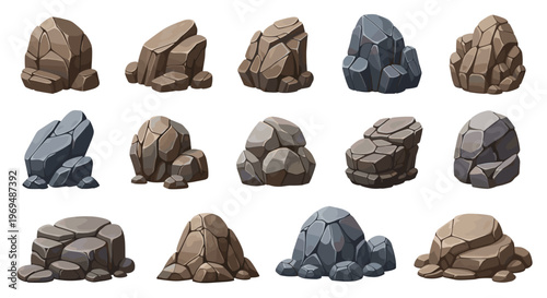 Set of diverse rock formations and boulders in different colors and textures, suitable for environmental and landscape design projects.