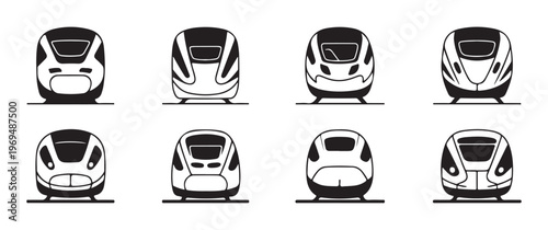 High-speed train collection featuring modern passenger rail transport with various front views.
