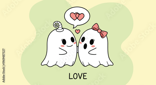Two adorable cartoon ghosts holding hands and looking at each other lovingly with a heart speech bubble above them on a soft green background.