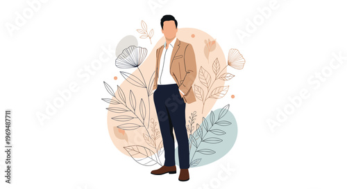Stylish man in a smart casual blazer and trousers standing confidently, surrounded by artistic abstract floral and leaf line drawings.