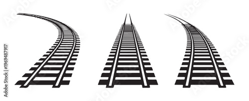 Curving and straight railroad tracks perspective view vector illustration set for railway industry design.
