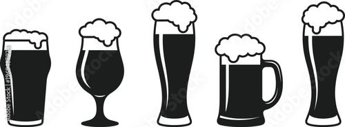 Vector illustration of various beer glasses with foam on top isolated on white background