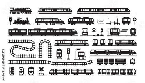 Diverse train silhouettes including steam locomotives modern bullet trains railway carriages and tracks set.