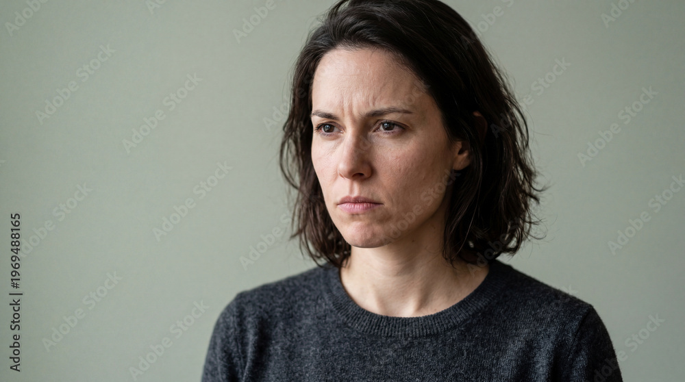 Obraz premium Quiet introspection of a woman, her furrowed brow and distant gaze painting a portrait of internal reflection