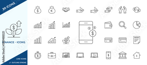 Finance line icon set for banking investment and online payment app. Comprehensive finance line icon collection. Banking money management symbols.