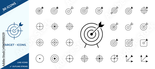 Professional target line icon collection featuring various bullseye designs. Aim symbols for objective success. Marketing goals and sports archery arrow vector illustrations.