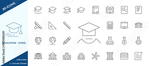 Education line icon set for school university and academic learning. School building science tools and stationery symbols. Academic knowledge and student study vector illustration bundle.