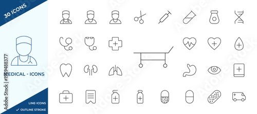 Medical line icon set for healthcare hospital and laboratory service. Healthcare worker stethoscope and organ symbols. Hospital equipment first aid and pharmacy vector illustrations.