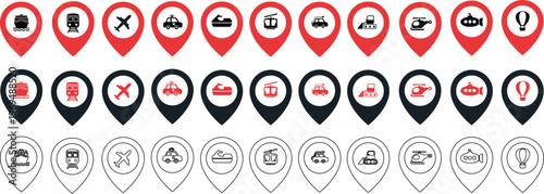 Transport Map Pin Icon Set – Vehicle Location Markers, Navigation GPS Icons, Travel UI Vector Pack (Color, Dark, Outline)