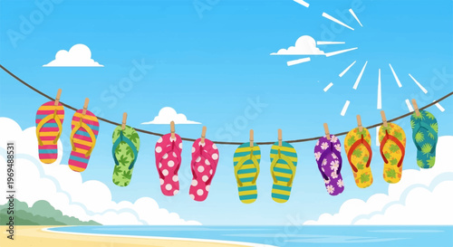 Colorful flip flops, beach scene, summer vacation, sandals vector