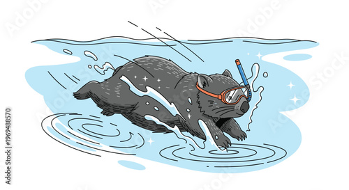 Whimsical illustration of a furry wombat swimming underwater while wearing a bright orange snorkeling mask and breathing tube.