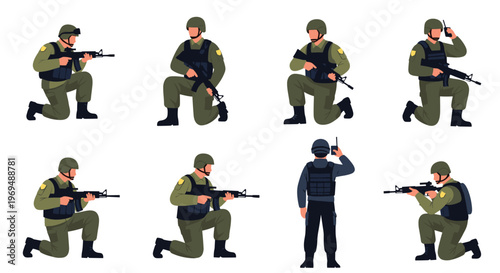 Set of soldier characters in green uniforms and tactical vests, shown in various combat poses like kneeling, aiming, and communicating.