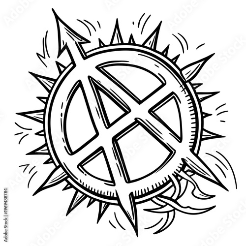Spiky anarchy symbol graphic with black and white
