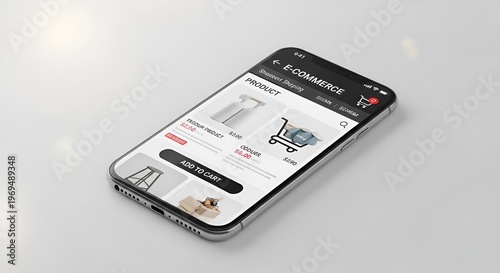A smartphone displaying an e-commerce website on its screen, showcasing various products and a clean design