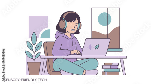 Enjoying a mindful and relaxed digital experience, a smiling person with headphones uses a laptop, representing the comfort and focus facilitated by user-friendly technology for enhanced well-being