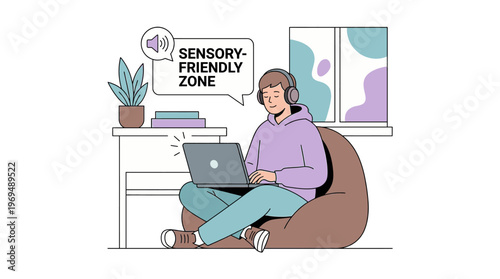 Young person enjoying a peaceful and focused sensory-friendly zone, working comfortably on a laptop with headphones in a quiet home environment