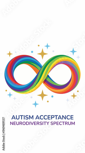 Vibrant rainbow infinity symbol representing autism acceptance and neurodiversity spectrum awareness, promoting inclusion and understanding for all individuals
