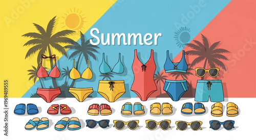 Summer beachwear collection, colorful swimwear, swimsuits, sandals, flip flops, tropical vacation