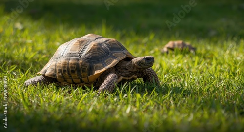 Playful tortoise slowly exploring a rich green grass lawn on a warm summer afternoon