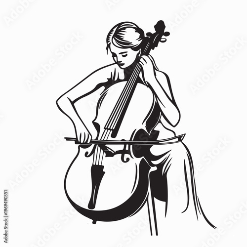 Elegant Cellist Concentrating During Musical Concert  Vector Illustration