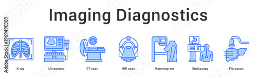 Imaging diagnostics banner web icon utilizes advanced scanning technologies for internal body visualization and detection.