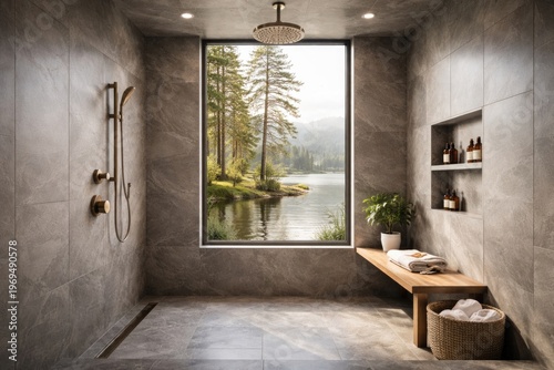 Luxury tiled shower stall with gray walls and serene window view for relaxation