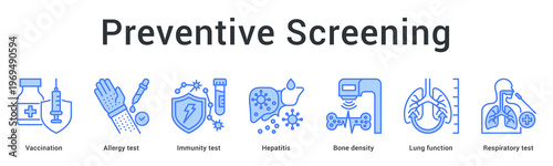 Preventive screening banner web icon provides immunization and testing for disease prevention and early detection.