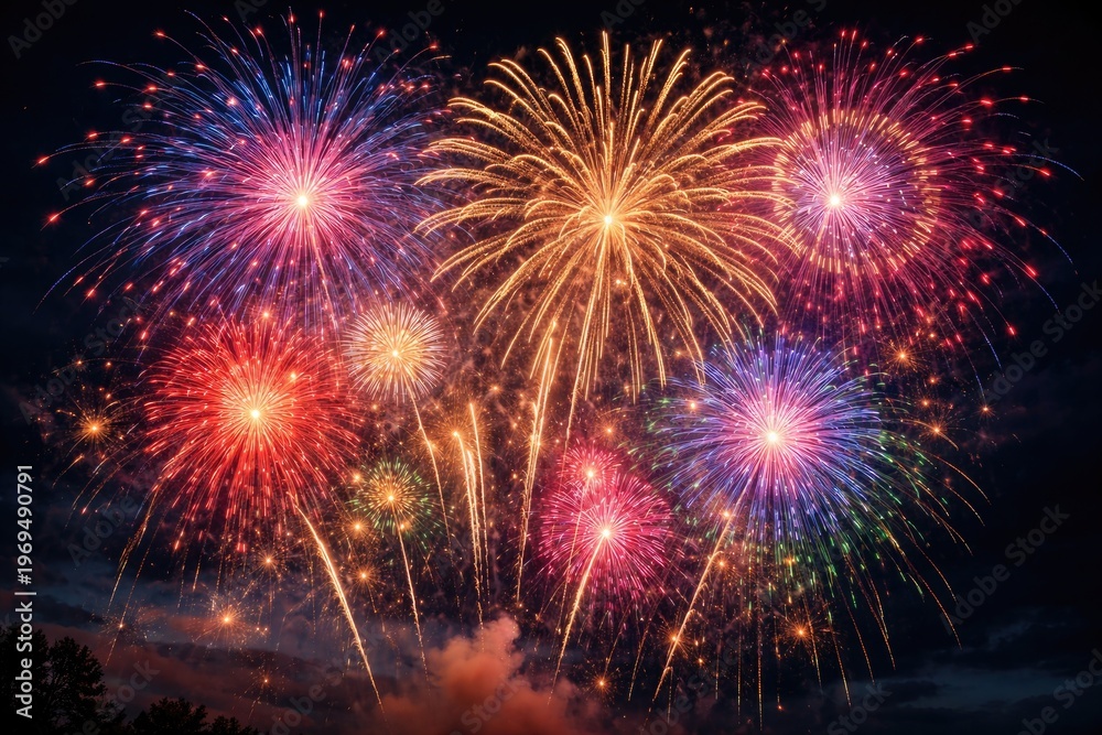 Fototapeta premium Vibrant Fireworks Bursting in Dark Night Sky