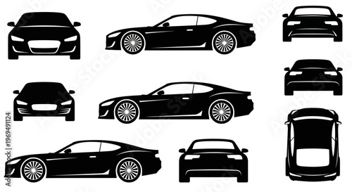 Black Sports Car Silhouettes: Front, Side, Rear, Top Views