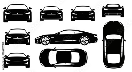 Black Sports Car Silhouette: Multiple Views (Front, Side, Top, Rear)