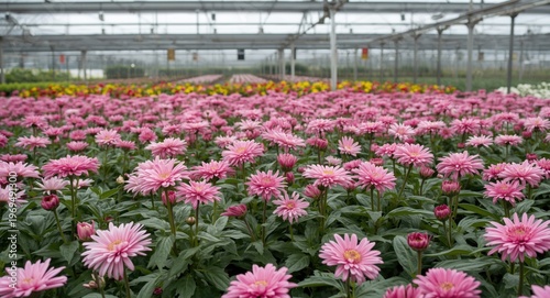 Greenhouse setting nurturing pink chrysanthemum plants to full flowering stage