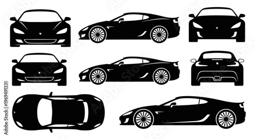 Black Sports Car Silhouette Set: Multiple Views - Front, Side, Rear, Top
