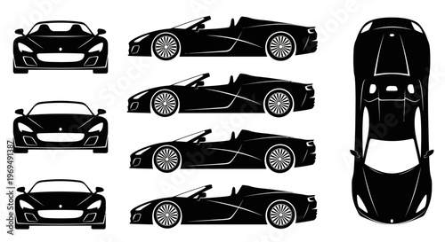 Black sports car silhouette, multiple views: front, side, top. Modern design.