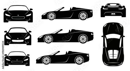 Black Sports Car Silhouettes: Front, Side, and Top Views