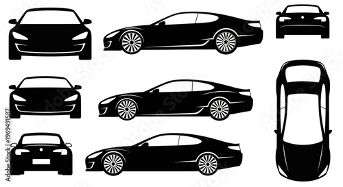 Black Sports Car Silhouettes: Front, Side, and Top Views