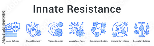 Innate resistance banner web icon provides immediate natural defense through phagocytes and surveillance mechanisms balancing responses.