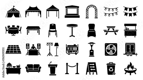 Event Equipment Icons Collection Party Setup Elements for Outdoor and Indoor Gatherings Celebration Supplies